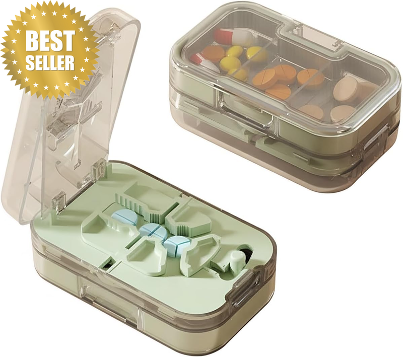 Pill Cutter with Weekly Pill Organiser, 2-In-1 Tablet Splitter for 1/2, 1/3, 1/4