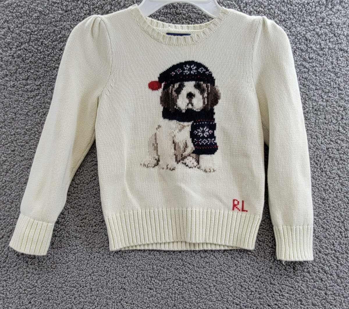 Polo Ralph Lauren Dog Crewneck Wool Sweatshirt Little Girls 5 White Multi L/S - Picture 2 of 16