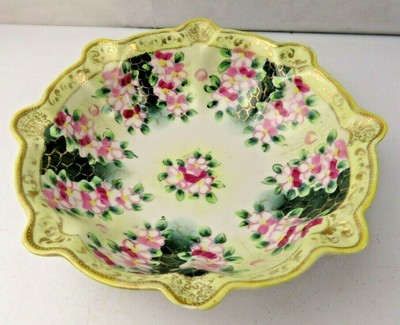 Pale Yellow Vintage Hand Painted Porcelain Serving Piece White Gold Floral Motif Marked Nippon 1067