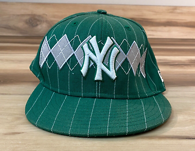 NY Yankees Hat 59Fifty Fitted 7 Green Argyle Pinstripe New Era MLB