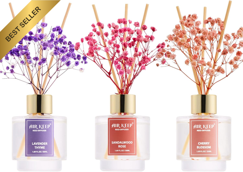 Reed Diffuser Set of 3, Lavender Thyme Sandalwood Rose Cherry Blossom Oil Reed D