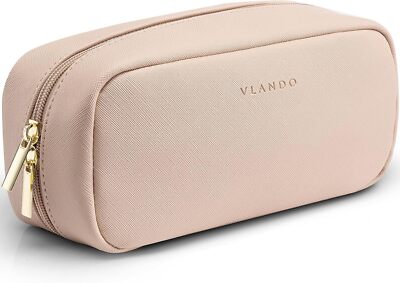 Vlando Small Makeup Pouch,Travel Bag PU Leather Wide-open Milk Tea 