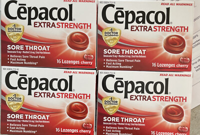 FOUR x 16ct Cepacol ExStrength SORE THROAT CHERRY Lozenges Exp 12/23