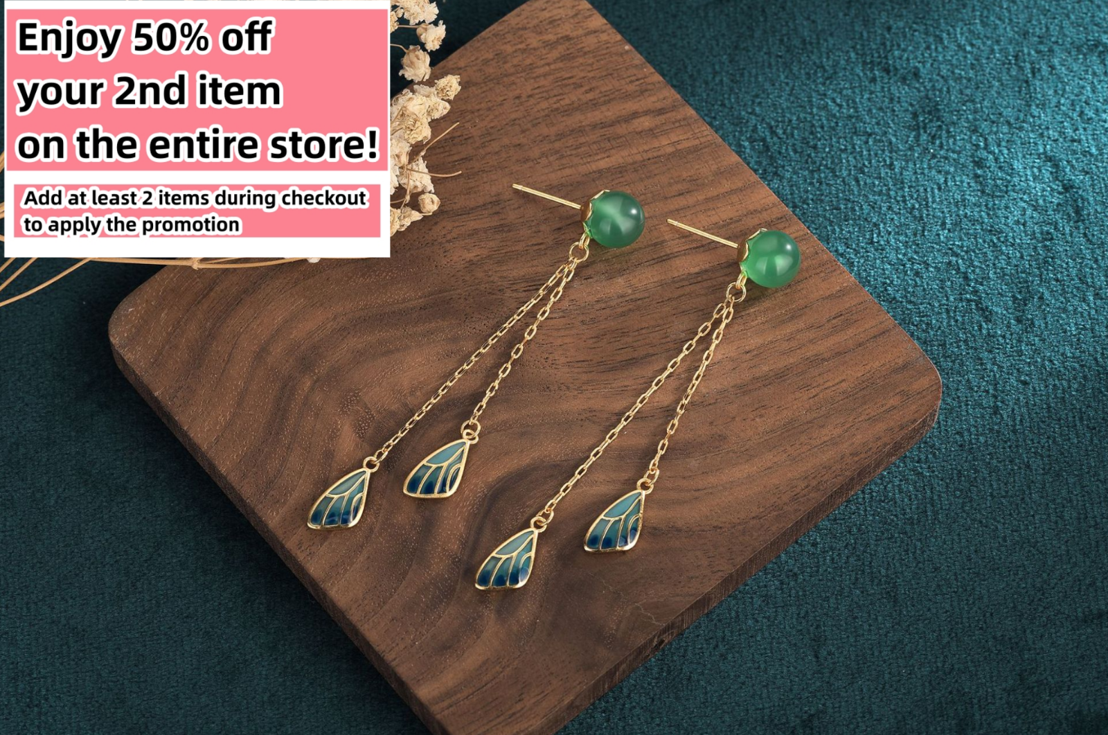 Jade Boho Drop Dangle Earrings Tassels Ear Stud 18K Gold Plated Wings Feather - Picture 1 of 7
