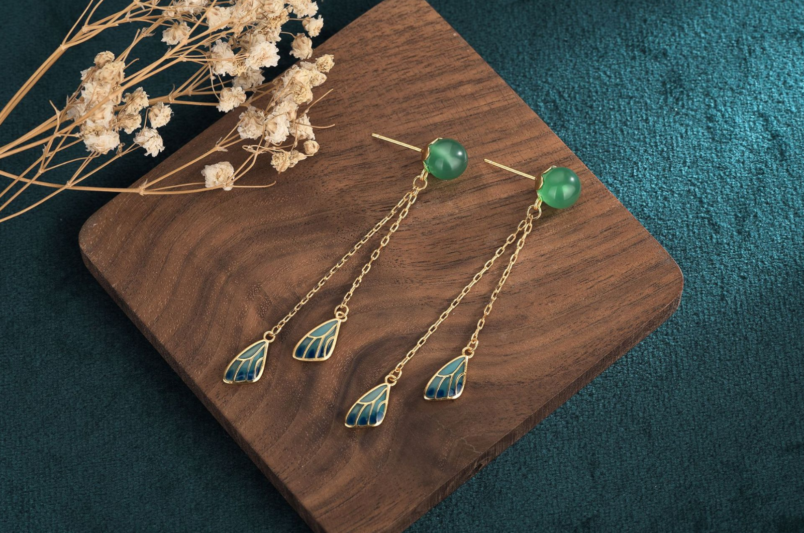Jade Boho Drop Dangle Earrings Tassels Ear Stud 18K Gold Plated Wings Feather - Picture 7 of 7