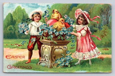 c1910 Fantasy Children Chicks Forget Me Nots Huge Egg Easter P430