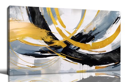 GUGIKA Abstract Wall Art for Living Room Black and Gold Brush-Strokes Canvas ...