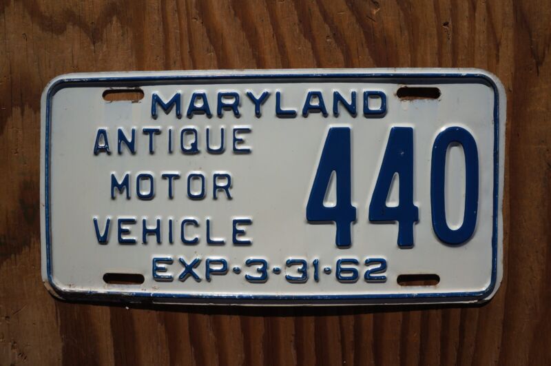 1961 - 1962 Maryland ANTIQUE MOTOR VEHICLE License Plate # 440