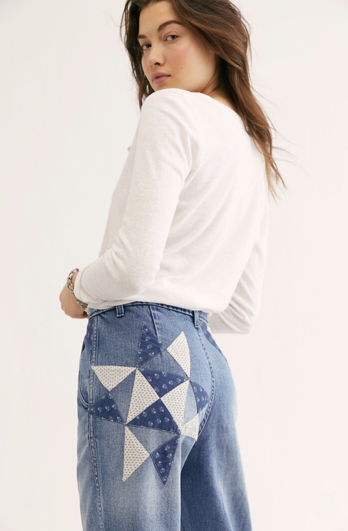 

Free People Jean Patched Distress Slouchy To Earth Crop We The Free  NEW, Синий