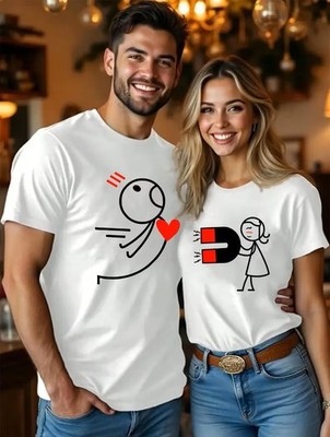 Valentine Couple Matching Fun Cartoon Magnet T-Shirts Casual Short Sleeve Tee