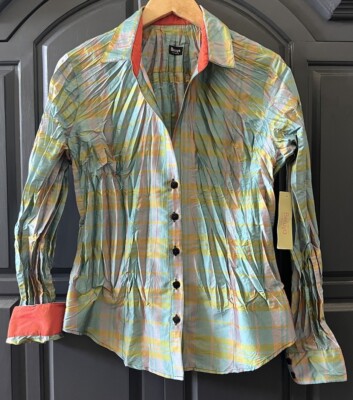 NWT Beluva Sz L Large San Francisco Button Down Crinkle Plaid Shirt Blouse 73