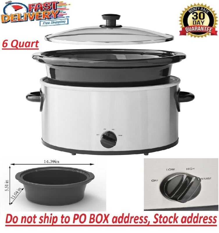 Large Slow Cooker Crock Pot 6 Qt Oval Stainless Steel Finish Glass Lid Stoneware