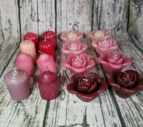 LOT of 16 Candles 8 Votive 8 Flower shaped pinks burgundy red violet wax