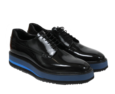 Prada Mens Platform Chunky Derby US10.5 UK9.5 Black Leather Blue Sole Brogues