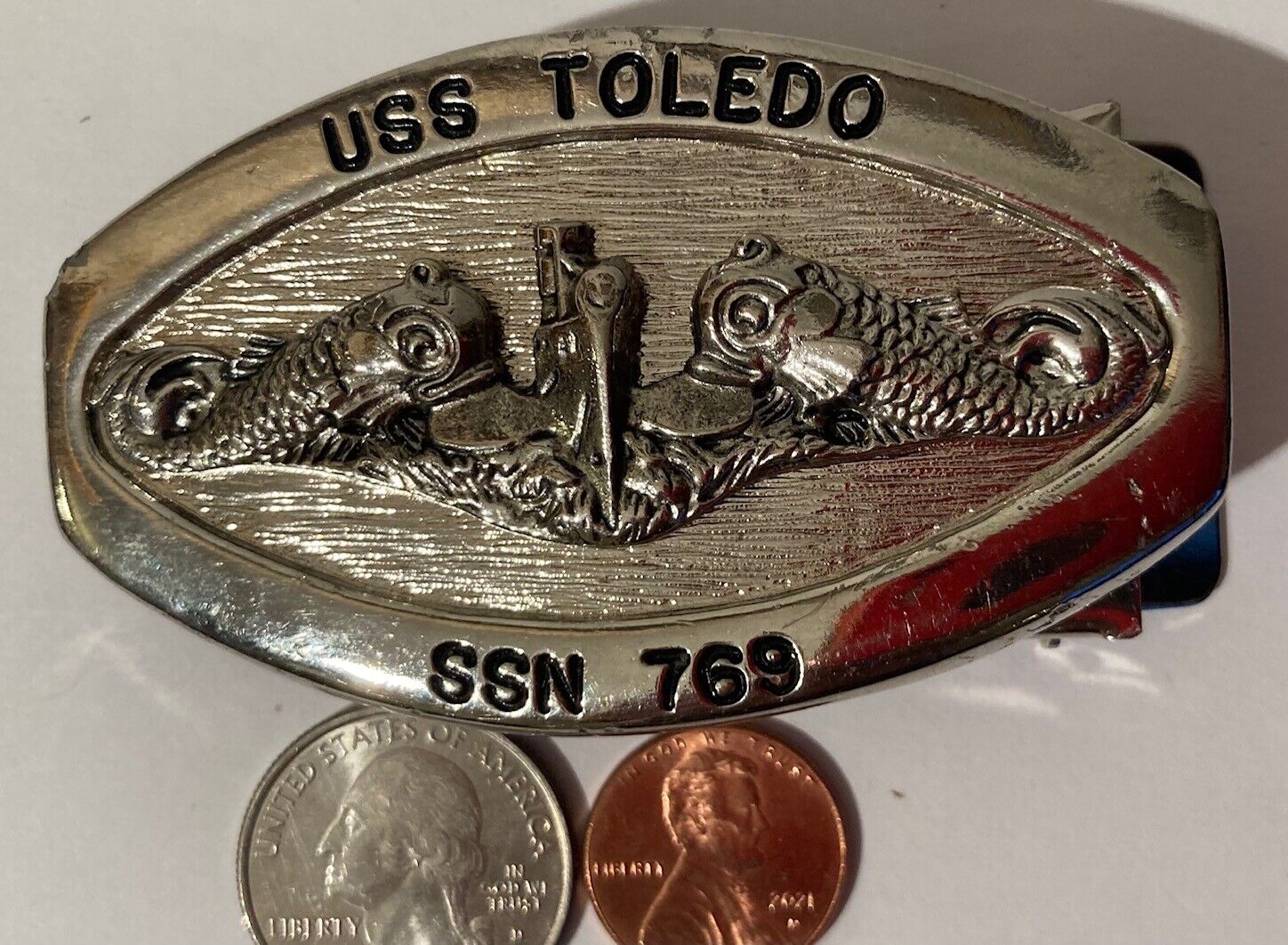 Vintage Metal Belt Buckle, USS Toledo SSN 769, Submarine, Sile...