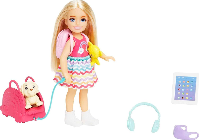 Barbie Chelsea Doll & 6 Accessories, Travel Set with Puppy, Pet Carrier & Backpa