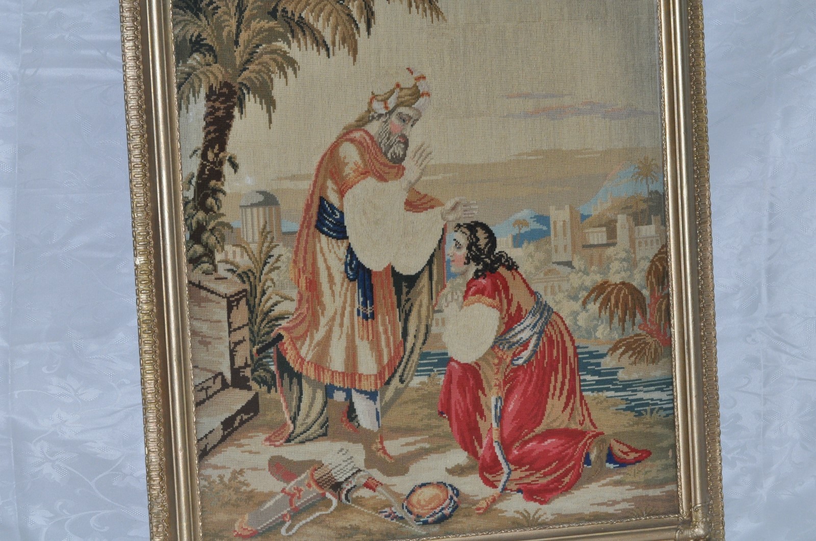 Fine Needlepoint Lady and Old man Scenes Framed 28