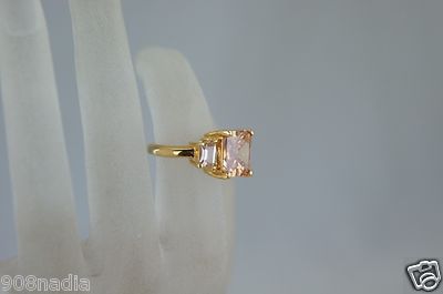 VINTAGE GOLD PLATED,PRINCESS CUT PEACH  & WHITE RHINESTONE RING SIZE 6,25