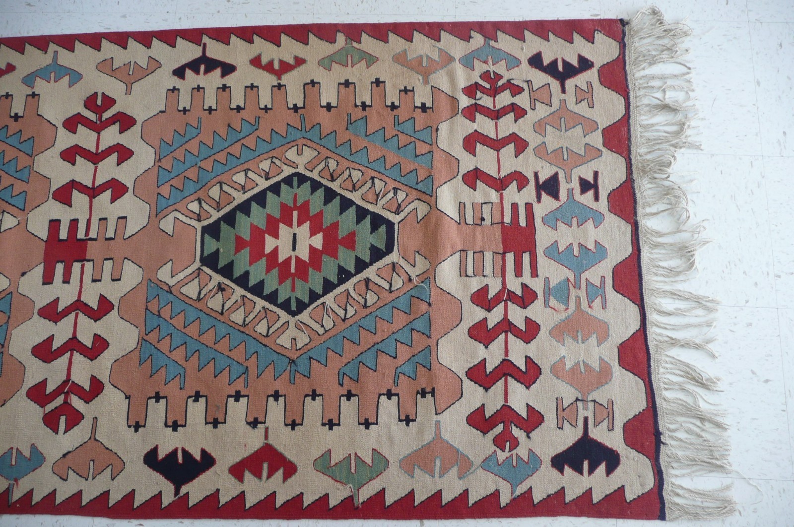 Vtg. Turkish Kilim Flat Weave Wool Hand Woven Runner Rug 3.3x15 Red Blue Green