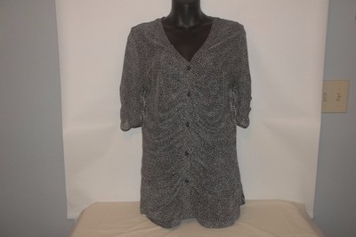 Cabi Black Pebble Print Gathered Ruched Placket Button Down Mesh Top Size M 