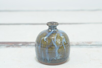 Vintage . Art Pottery Signed Steve Ashley Green and Blue Vase, Blue Drip Glaze 2