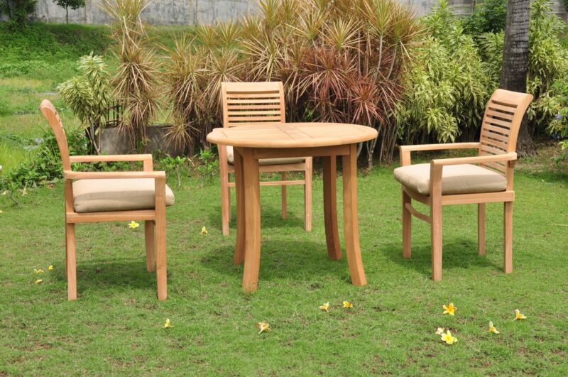 4-piece Outdoor Teak Dining Set: 36" Round Table, 3 Stacking Arm Chairs Masc