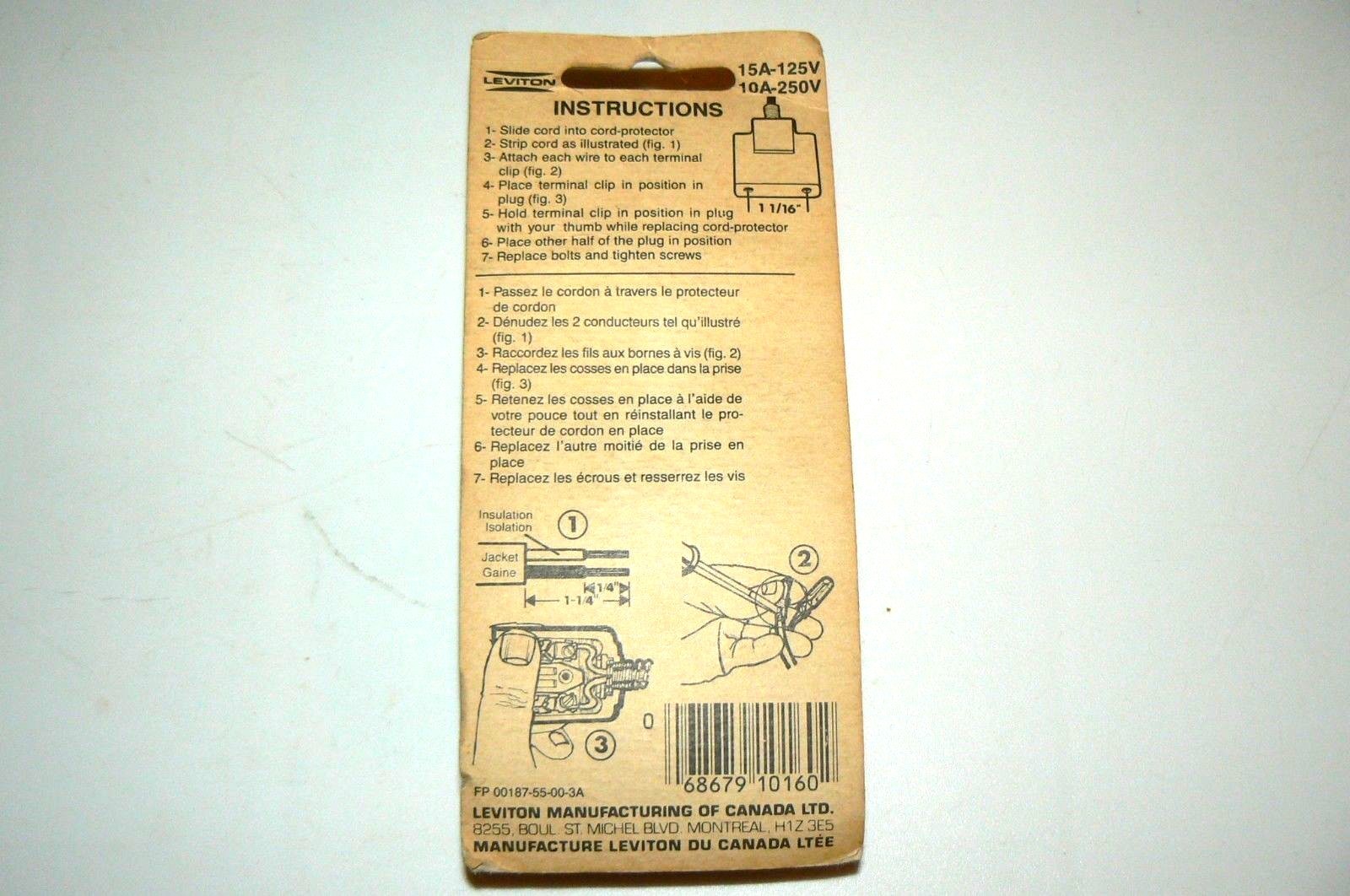 NOS APPLIANCE CORD END 2 PRONG PLUG BAKELITE LEVITON 10A250V 15A125V 187/003.