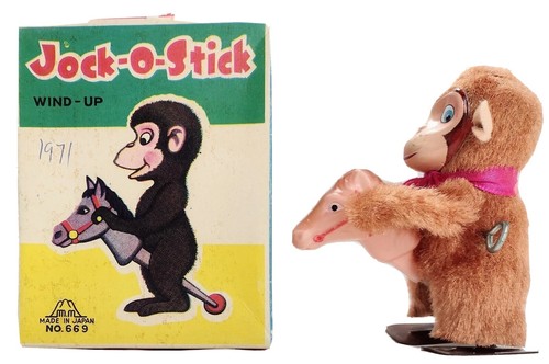 Jock-O-Stick Furry Mechanical Wind Up Toy Monkey Riding