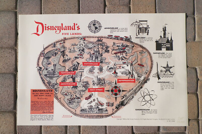 1958 Disneyland ''FIVE LANDS'' Park Map Poster 24'' X 36'' *''Nicest Around''*