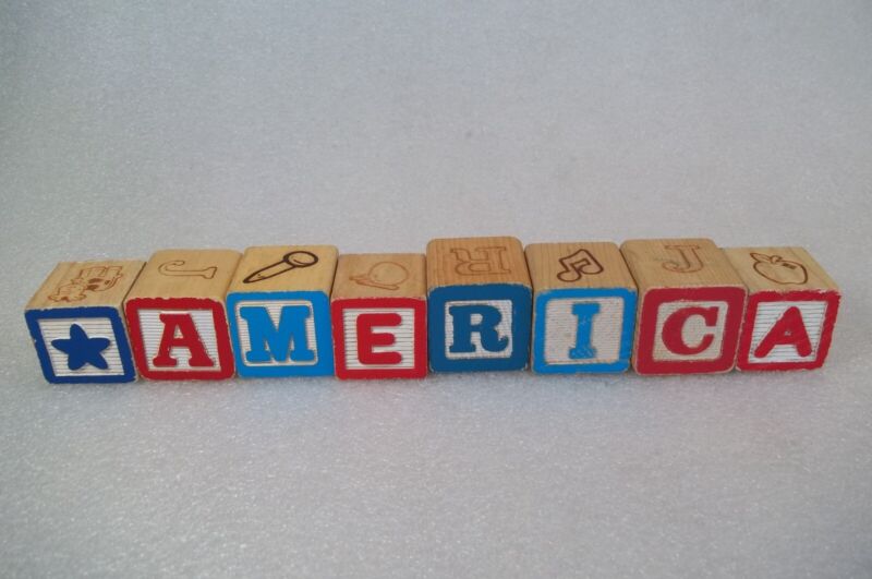 Vintage ABC Alphabet Blocks- AMERICA 4th July Patriotic Home Decor Red Blue Star