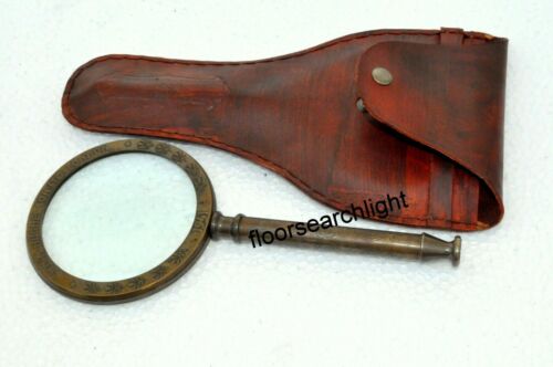 Antique Collectibles Brass 10" Desk Magnifying Glass With Leather Case Desktop