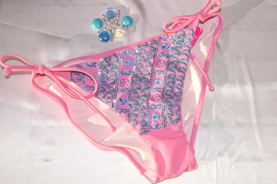 VICTORIAS SECRET SWIMSUIT BIKINI BOTTOM SIDE TIES PINK SEQUIN ITTY BITTY MED NWT