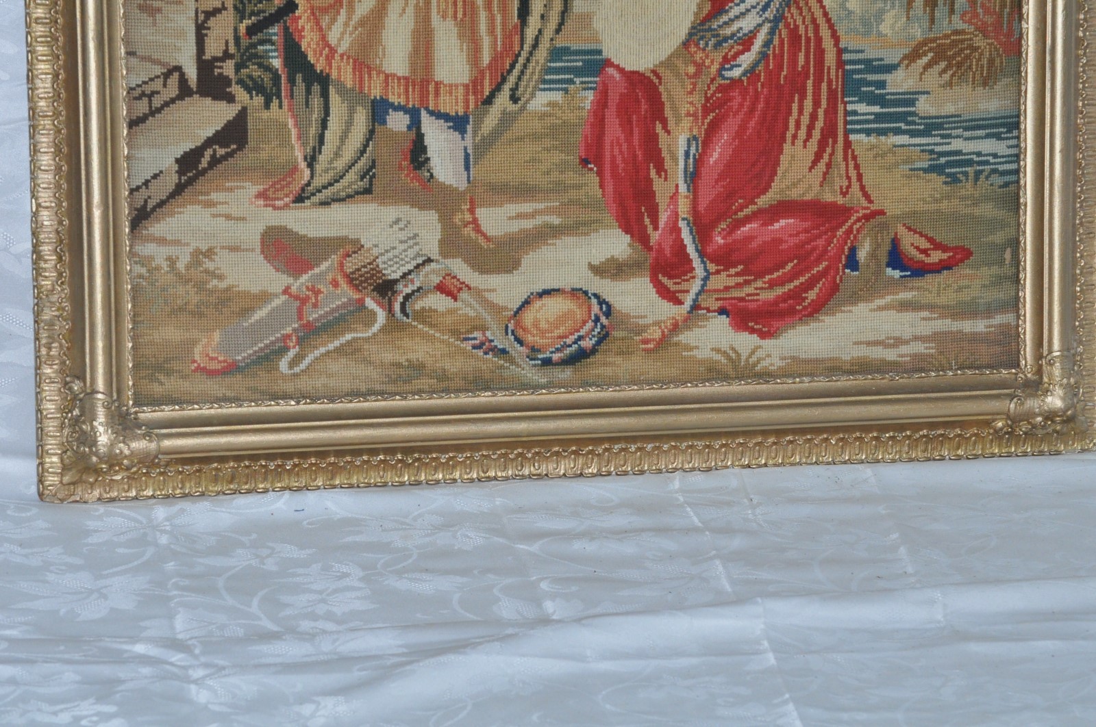 Fine Needlepoint Lady and Old man Scenes Framed 28