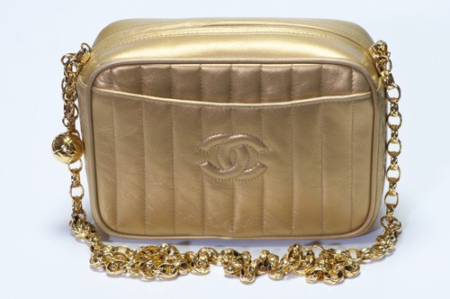 Vintage 1990's CHANEL Paris CC Striped Gold Leather Chain