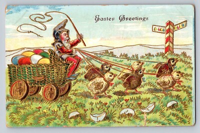 c1910 Fantasy Elf Gnome Cart Anthropomorphic Chicks Easter P507A