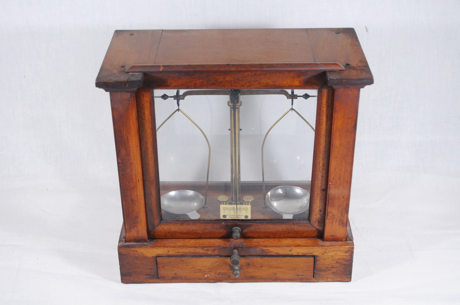 Antique H. Kohlbusch Analytical Balance Scale Mahogany Glass Cabinet Apothecary