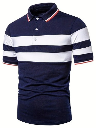 Polo T Shirt White Navy Collar Red Trim Button Striped Golf Fashion Casual Dress
