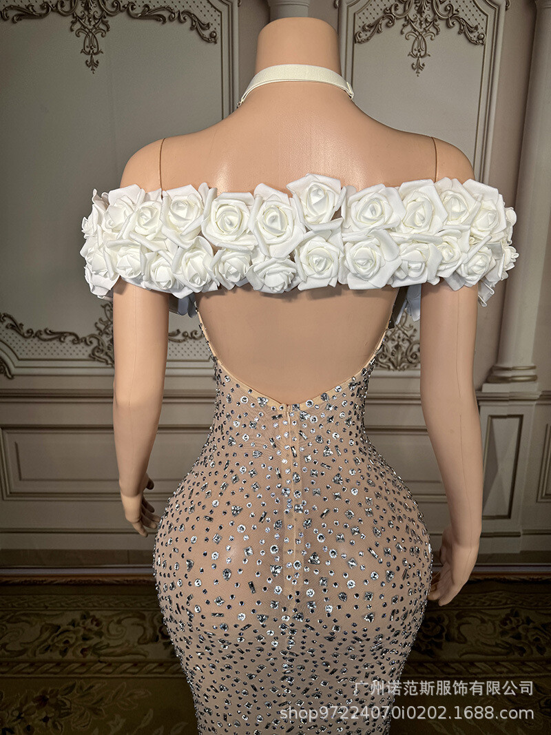 Pre-owned Cubic Floral Mermaids Evening Dresses Halter Beads Crystal Sheath Intricate In As Pic