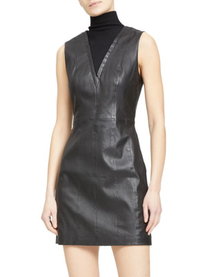 $795 Theory Dress Size 6 Black Urban Lamb Leather Sleeveless Mini LBD