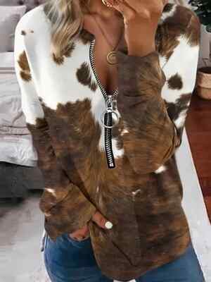 New Unique MEDIUM Cow Print Zip Neck Shirt Spring Fall Winter THIN & Soft