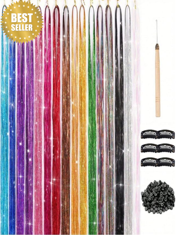 Professional Hair Tinsel Extensions Kit, 12 Colors Sparkling Hair Strands, 48 In