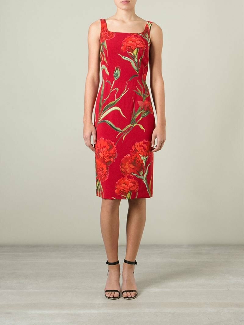 

DOLCE - GABBANA Красное платье-футляр с квадратным вырезом и цветочным принтом гвоздики 6US 42IT, Multicolor