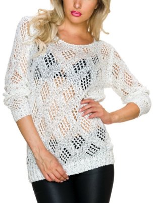 SeXy Damen Pullover Strick Häkel Pulli Glitzer Pailletten Silber 34/36/38 Neu