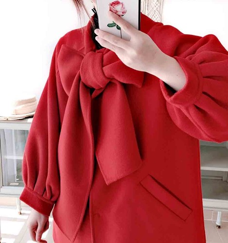 Pre-owned Handmade Custom Made To Order Tie Neck Bow Wool Blend Basic Jacket Coat Plus 1x-10x L537 In Red