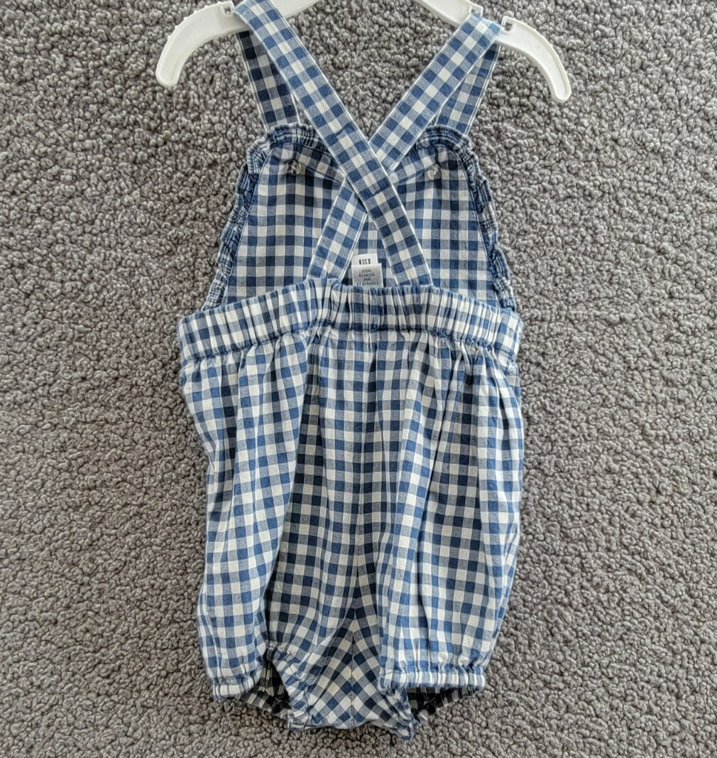 Ralph Lauren Gingham Madras Bubble Shortall & Hat Set Baby Girls 6M Blue Snap Up - Picture 9 of 24
