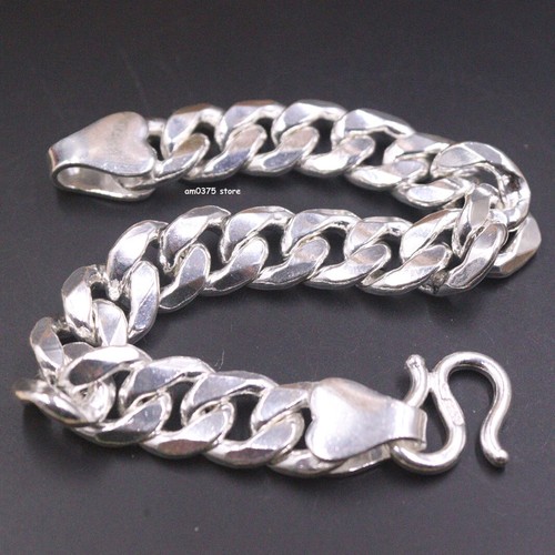 Real 999 Pure Silver Bracelet Women Men's 13mm Cuban Curb