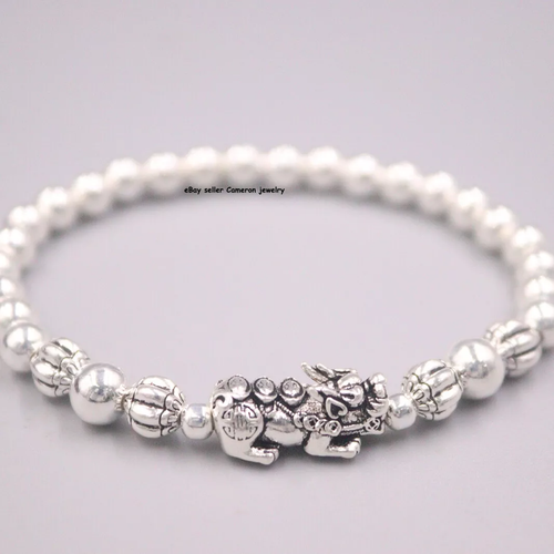 Pure S925 Sterling Silver Bangle Men Women 5mm Beads Pixiu