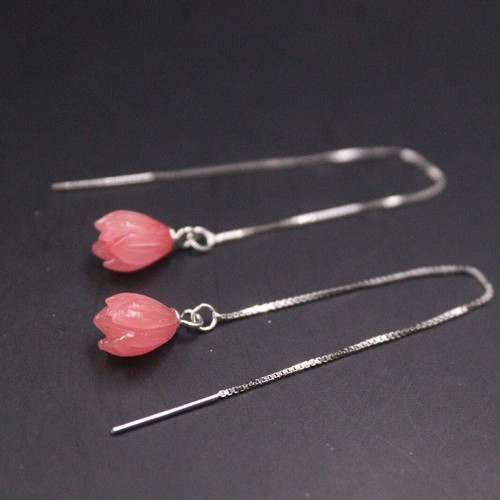 Pure S925 Sterling Silver Pink Red Jade Flower Women's