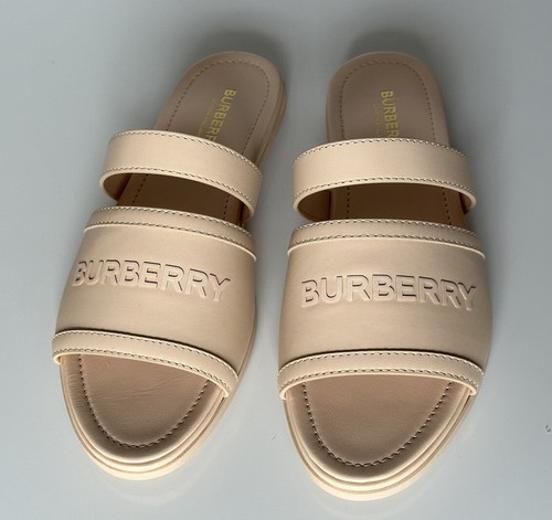 Pre-owned Burberry Open Toe Women's Peach Leather Slides Sandals 7.5 (37.5) 8047843 It In Orange