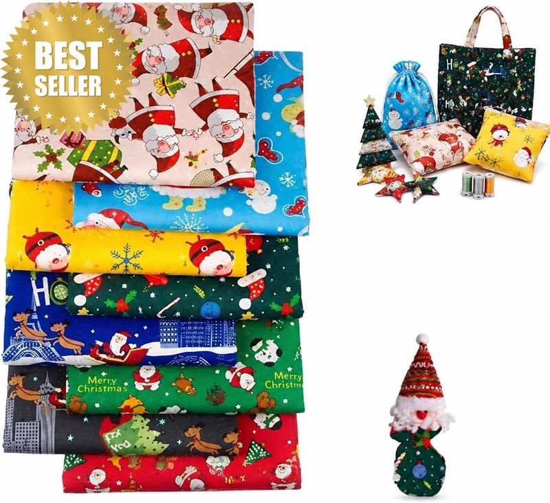 8PCS Christmas Cotton Fabric Squares Set – 25X25Cm Reusable Sewing Patches, Wood